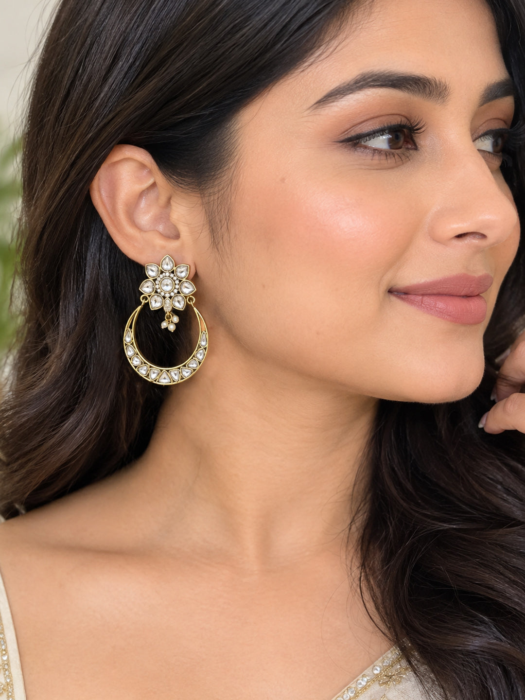 Aurveza kundan floral hoop earrings with pearl drops in antique gold finish