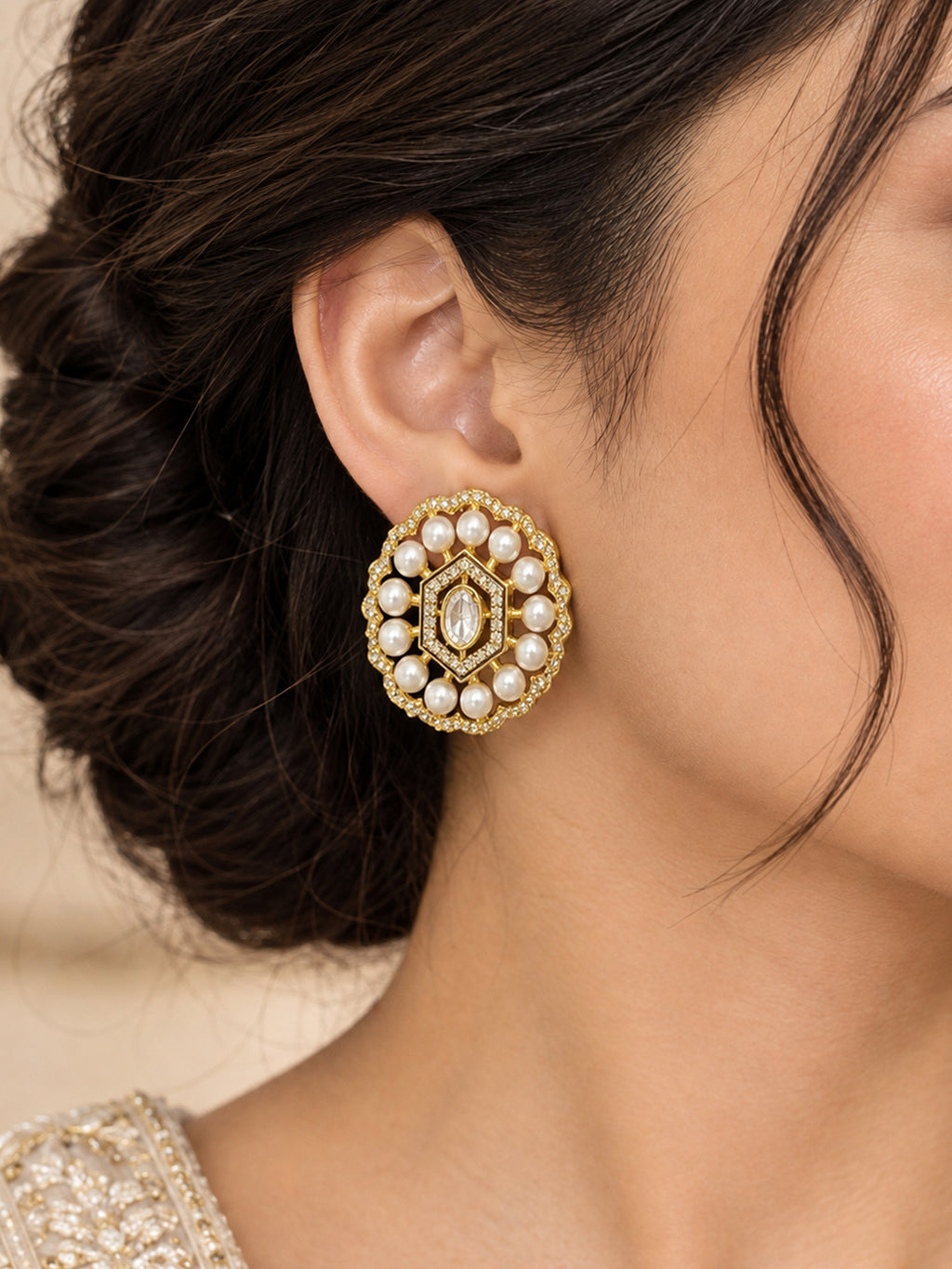 Aurveza pearl studded round earrings with hexagonal kundan center in gold finish