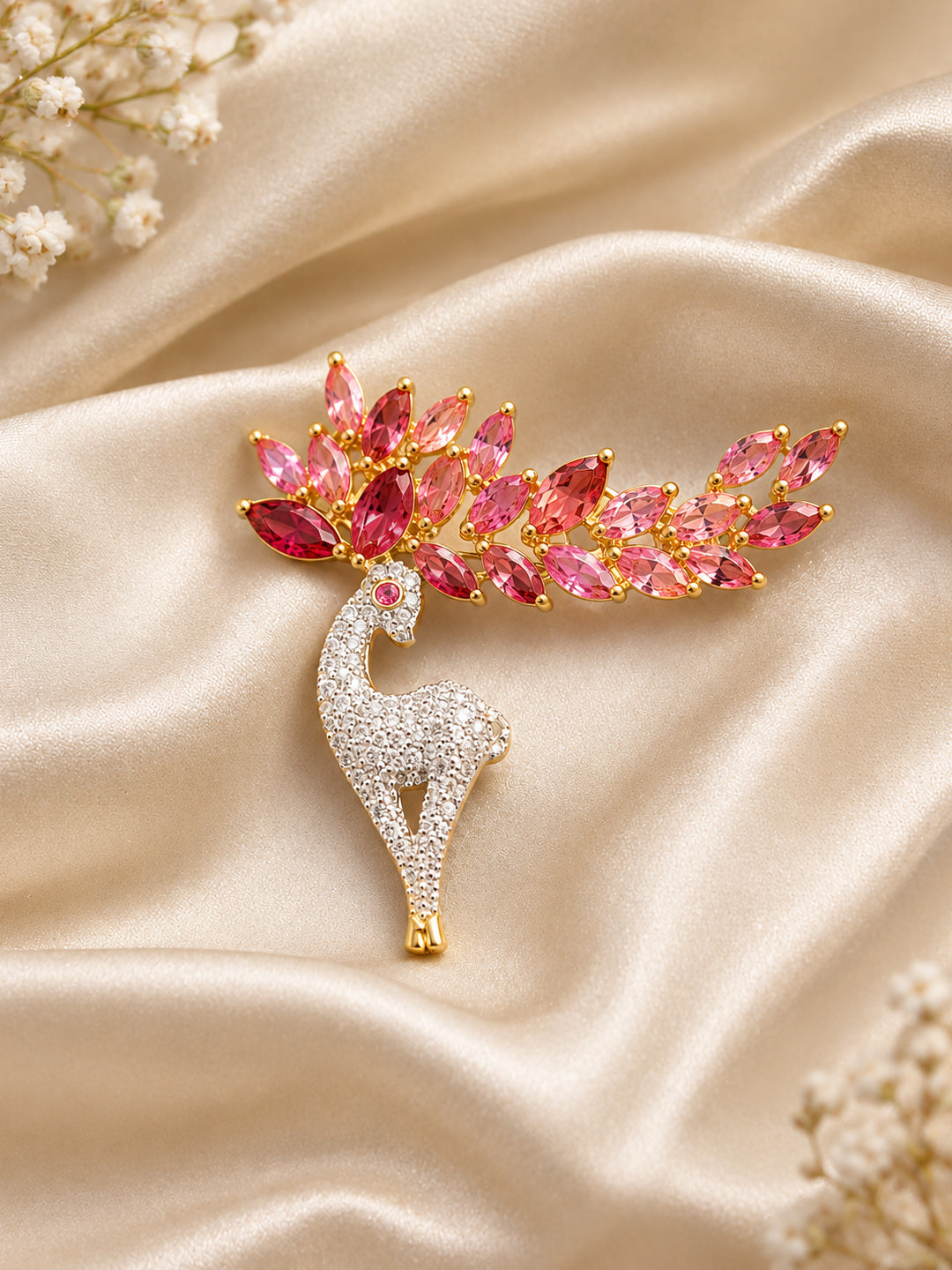 Aurveza gold-plated crystal deer brooch with pink marquise stones and rose crystal eye, 4x4cm