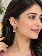 Aurveza pink quartz double square drop earrings in silver-tone setting