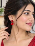 Aurveza red ruby double square drop earrings in silver-tone setting