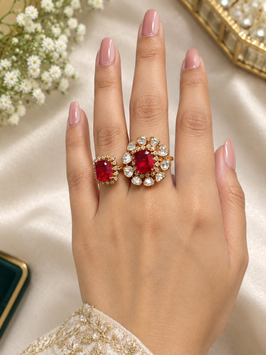Aurveza ruby floral halo ring set with gold-tone emerald-cut stones