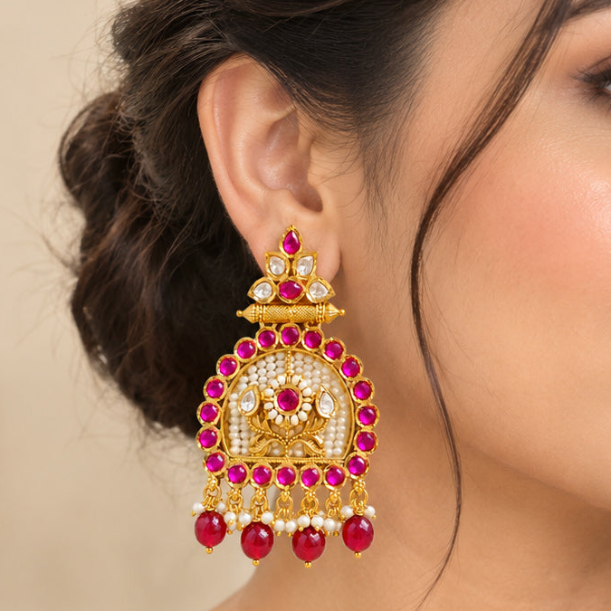 Aurveza ruby pearl chandbali earrings with gold-tone finish and bead tassels