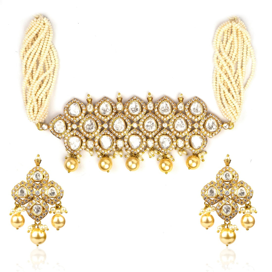 Elegant Kundan Pearl Choker Necklace Set with Matching Earrings