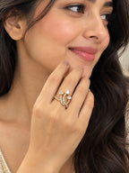 Gold branching cocktail ring with three cushion and round-cut stones, luxury jewelry by Aurveza