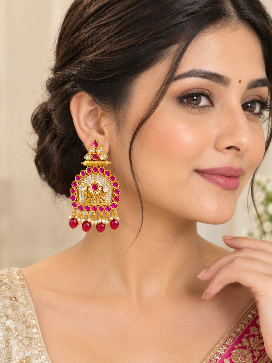 Gold kundan chandbali earrings featuring ruby stone border and pearl medallion