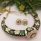 Elegant Golden Polish Traditional Meenakari Kundan Jadau Polki Hasli, Necklace with Earrings Set