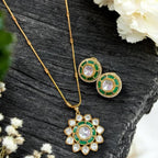 Elegant Kundan Green Floral Pendant Set with Earrings  Traditional Gold Finish Jewelry