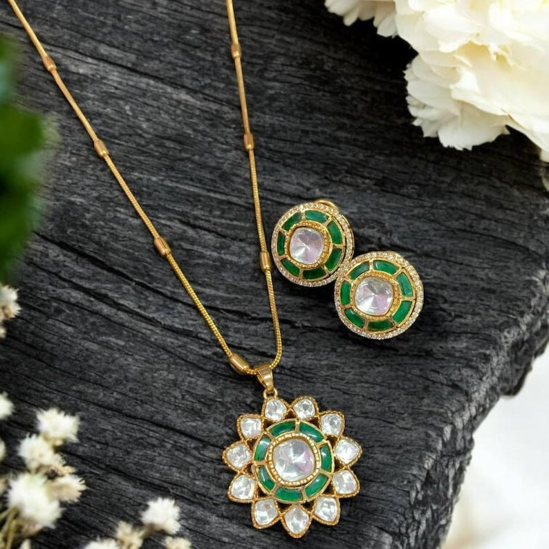 Elegant Kundan Green Floral Pendant Set with Earrings  Traditional Gold Finish Jewelry