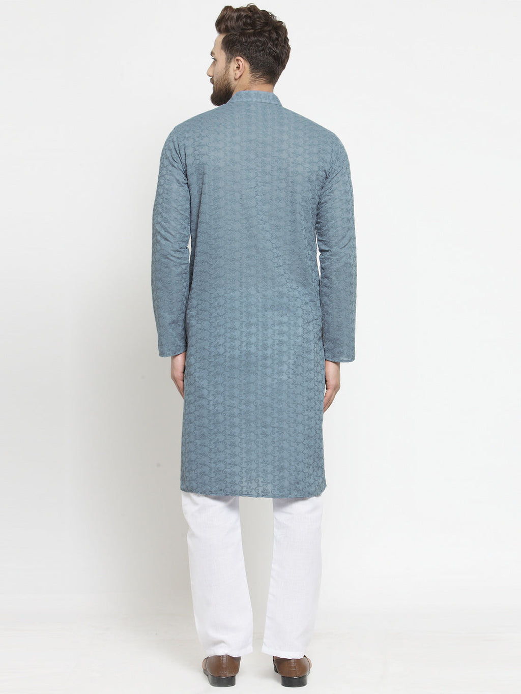 Grey Cotton Chikankari Lucknowi Jaal Embroidered Kurta with Aligarh Pajama For Men  by Treemoda