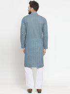 Grey Cotton Chikankari Lucknowi Jaal Embroidered Kurta with Aligarh Pajama For Men  by Treemoda