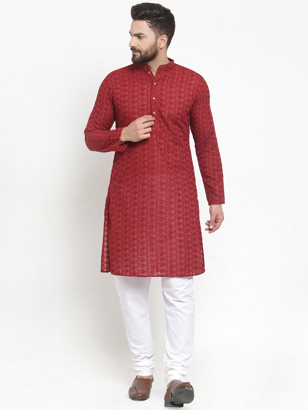 Maroon Chikankari Lucknowi Jaal Embroidered Kurta with Churidar Pajama by Treemoda