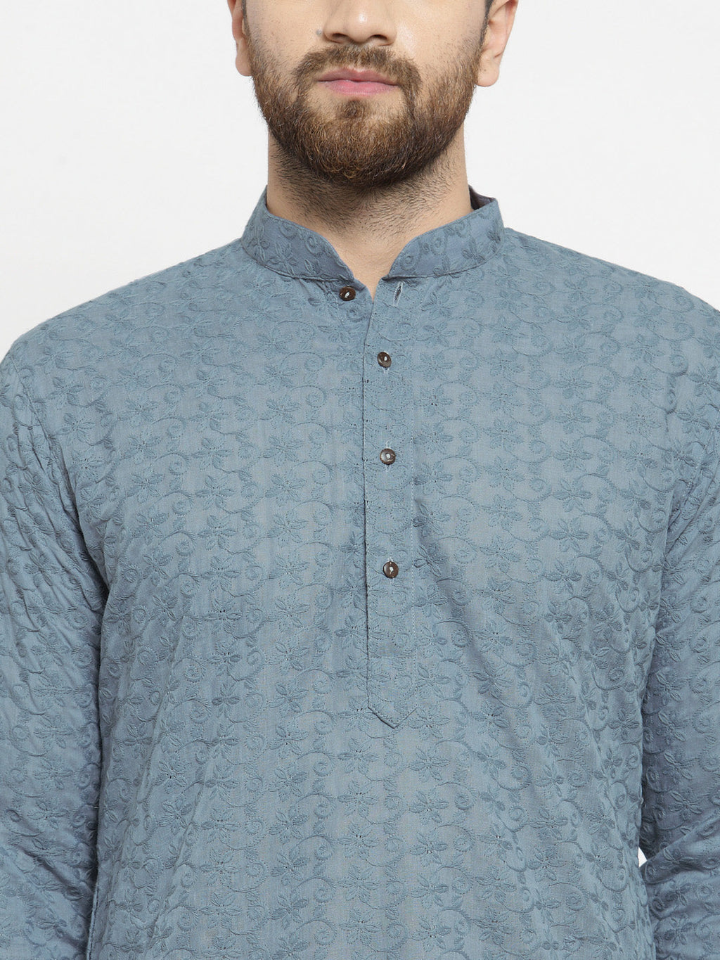 Grey Cotton Chikankari Lucknowi Jaal Embroidered Kurta with Aligarh Pajama For Men  by Treemoda