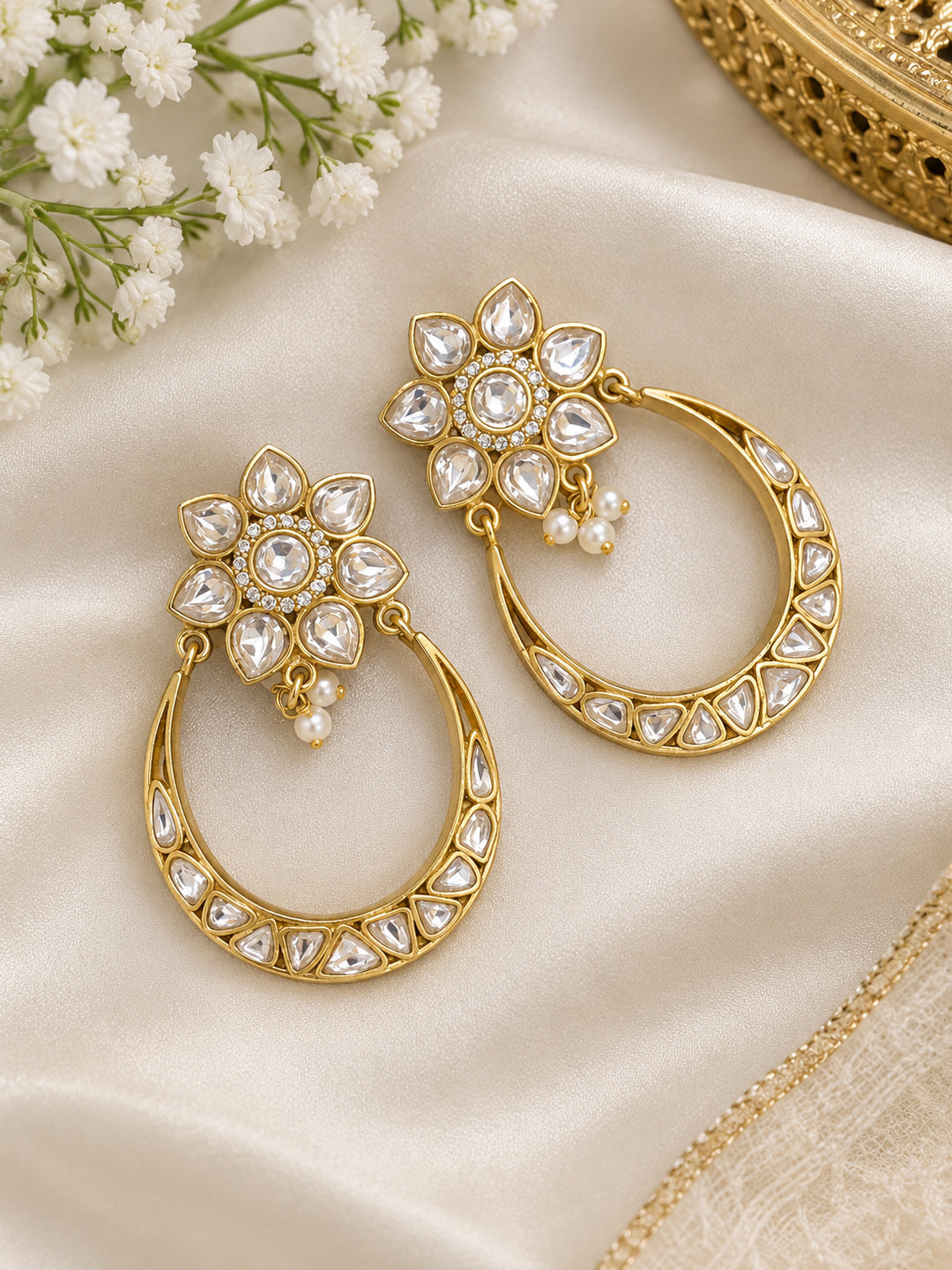 Kundan teardrop hoop earrings with floral top, bridal jewelry by Aurveza