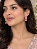 Silver-tone tiered earrings with emerald-cut pink quartz stones, luxury jewelry by Aurveza