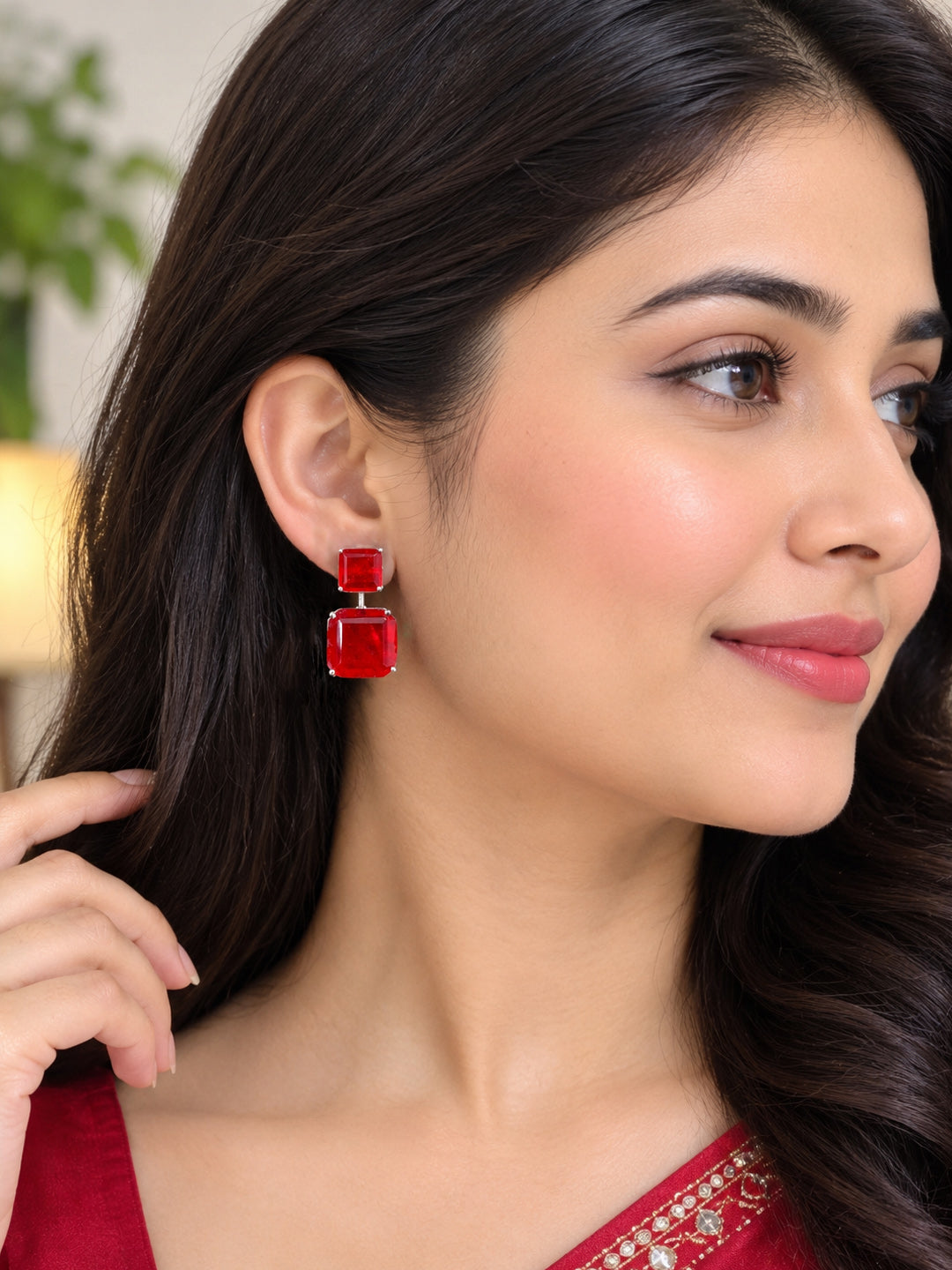 Silver-tone tiered earrings with emerald-cut red ruby stones, luxury jewelry by Aurveza