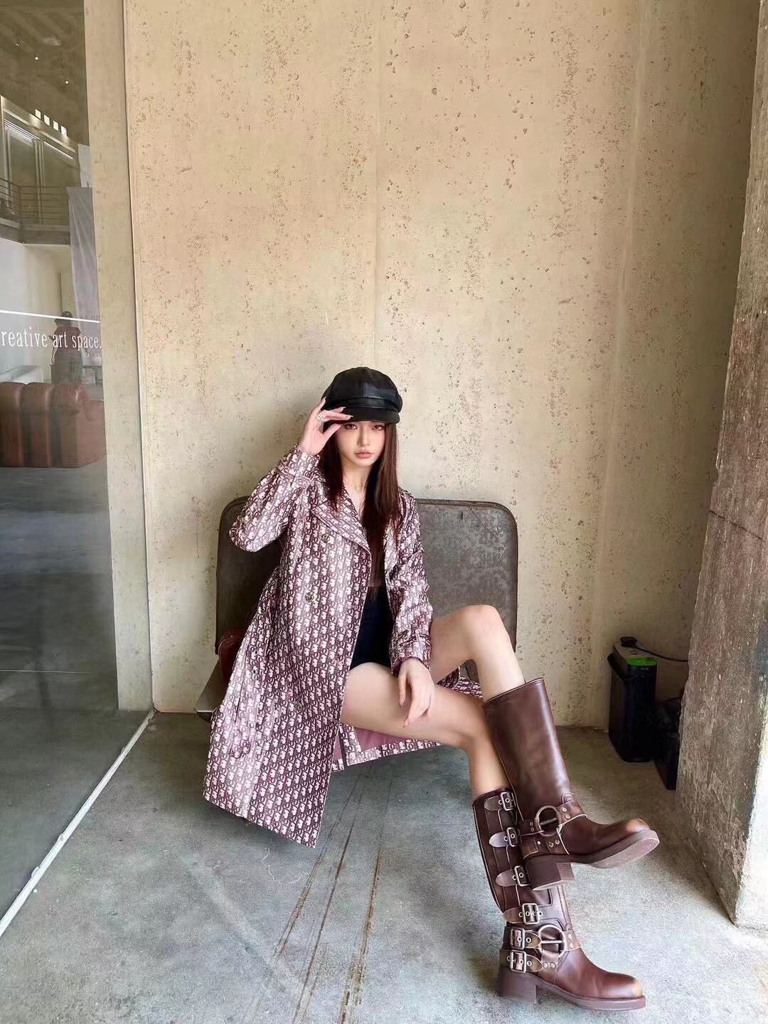 Women Luxurious Style Logo Printed Pink Long Coat
